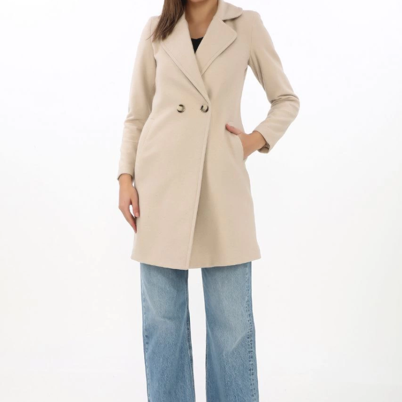 Kadın Kaşe Kaban Siyah Yünlü Dokuma Kruvaze Yaka Astarlı Cepli Kuşaklı Uzun Boy - Bej