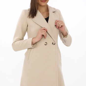 Kadın Kaşe Kaban Siyah Yünlü Dokuma Kruvaze Yaka Astarlı Cepli Kuşaklı Uzun Boy - Bej