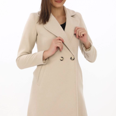 Kadın Kaşe Kaban Siyah Yünlü Dokuma Kruvaze Yaka Astarlı Cepli Kuşaklı Uzun Boy - Bej