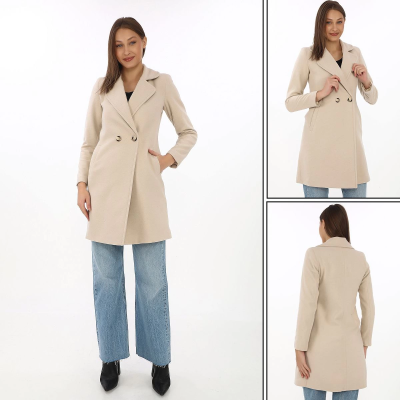 Kadın Kaşe Kaban Siyah Yünlü Dokuma Kruvaze Yaka Astarlı Cepli Kuşaklı Uzun Boy - Bej