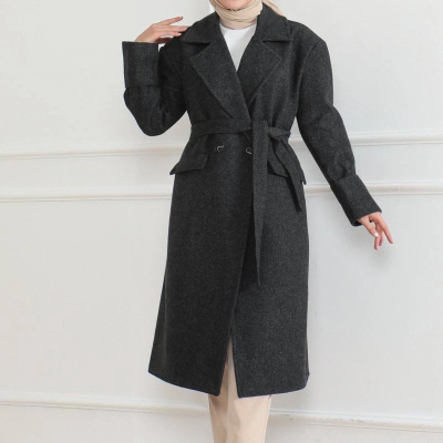 Kadın Kaşe Kaban Uzun Boy 115 cm Kruvaze Yaka Kuşaklı Astarlı Tesettür Kaban Yünlü - Siyah