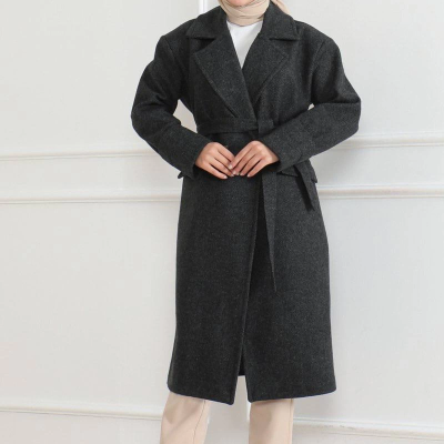 Kadın Kaşe Kaban Uzun Boy 115 cm Kruvaze Yaka Kuşaklı Astarlı Tesettür Kaban Yünlü - Siyah