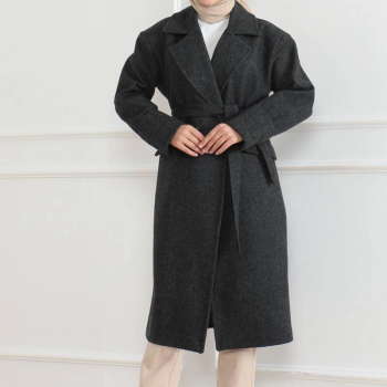 Kadın Kaşe Kaban Uzun Boy 115 cm Kruvaze Yaka Kuşaklı Astarlı Tesettür Kaban Yünlü - Siyah