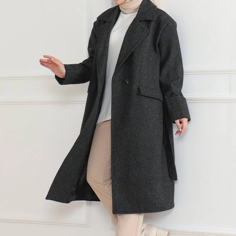 Kadın Kaşe Kaban Uzun Boy 115 cm Kruvaze Yaka Kuşaklı Astarlı Tesettür Kaban Yünlü - Siyah