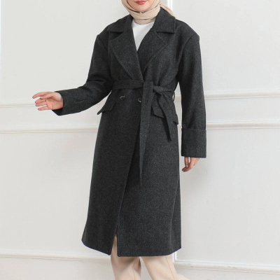 Kadın Kaşe Kaban Uzun Boy 115 cm Kruvaze Yaka Kuşaklı Astarlı Tesettür Kaban Yünlü - Siyah