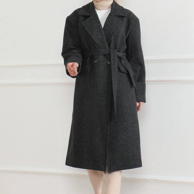 Kadın Kaşe Kaban Uzun Boy 115 cm Kruvaze Yaka Kuşaklı Astarlı Tesettür Kaban Yünlü - Siyah