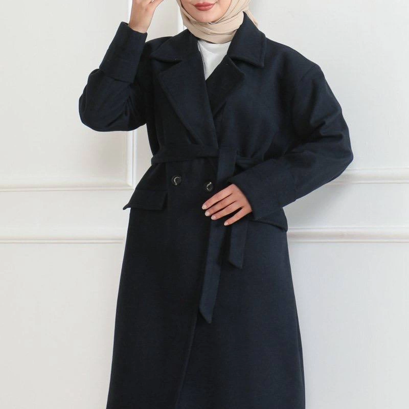Kadın Kaşe Kaban Uzun Boy Kruvaze Yaka Kuşaklı Tesettür Kaşe Kaban Astarlı - Lacivert
