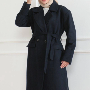 Kadın Kaşe Kaban Uzun Boy Kruvaze Yaka Kuşaklı Tesettür Kaşe Kaban Astarlı - Lacivert