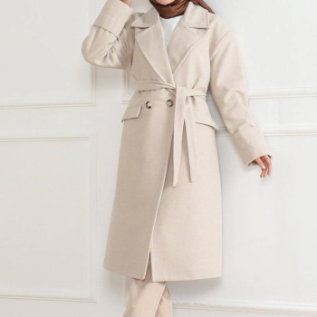 Kadın Kaşe Kaban Uzun Boy Kruvaze Yaka Kuşaklı Tesettür Kaşe Kaban Astarlı Yünlü - Bej
