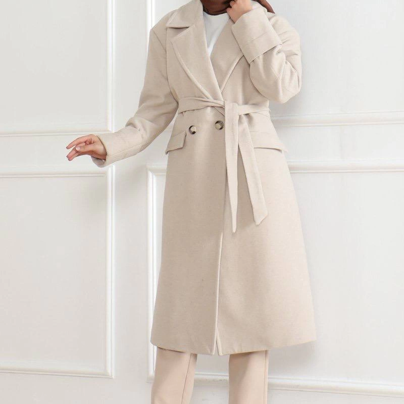 Kadın Kaşe Kaban Uzun Boy Kruvaze Yaka Kuşaklı Tesettür Kaşe Kaban Astarlı Yünlü - Bej