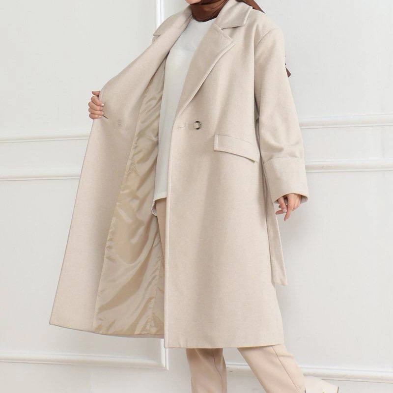 Kadın Kaşe Kaban Uzun Boy Kruvaze Yaka Kuşaklı Tesettür Kaşe Kaban Astarlı Yünlü - Bej