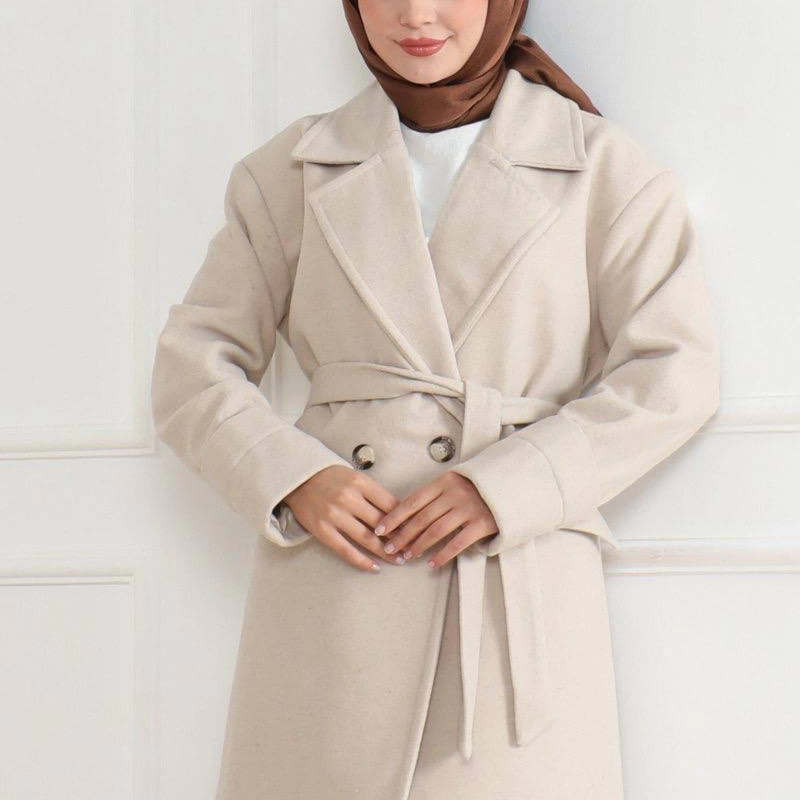 Kadın Kaşe Kaban Uzun Boy Kruvaze Yaka Kuşaklı Tesettür Kaşe Kaban Astarlı Yünlü - Bej