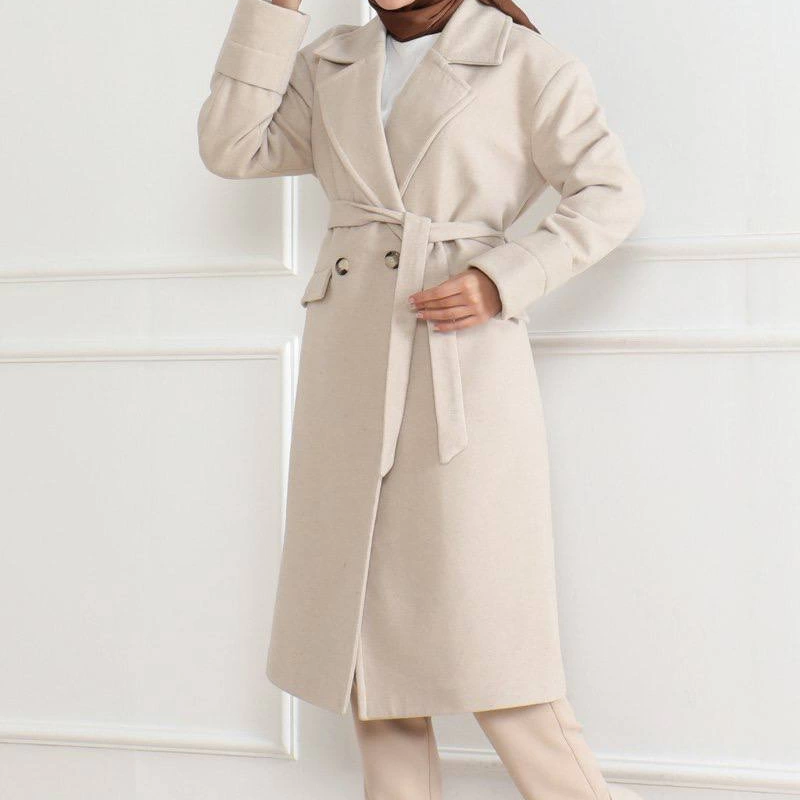 Kadın Kaşe Kaban Uzun Boy Kruvaze Yaka Kuşaklı Tesettür Kaşe Kaban Astarlı Yünlü - Bej