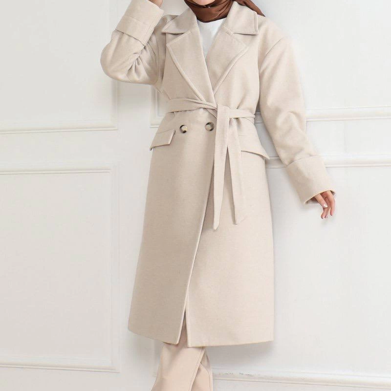 Kadın Kaşe Kaban Uzun Boy Kruvaze Yaka Kuşaklı Tesettür Kaşe Kaban Astarlı Yünlü - Bej