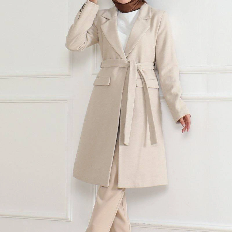 Kadın Kaşe Kaban Uzun Boy Kruvaze Yaka Kuşaklı Tesettür Kaban Astarlı Yünlü Dokuma - Bej