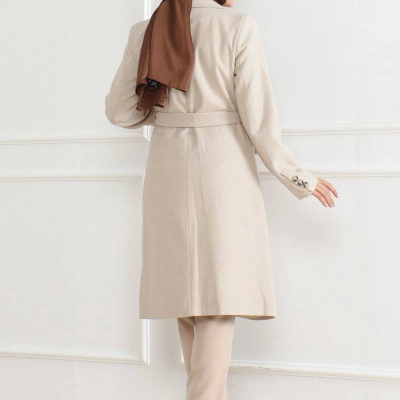 Kadın Kaşe Kaban Uzun Boy Kruvaze Yaka Kuşaklı Tesettür Kaban Astarlı Yünlü Dokuma - Bej