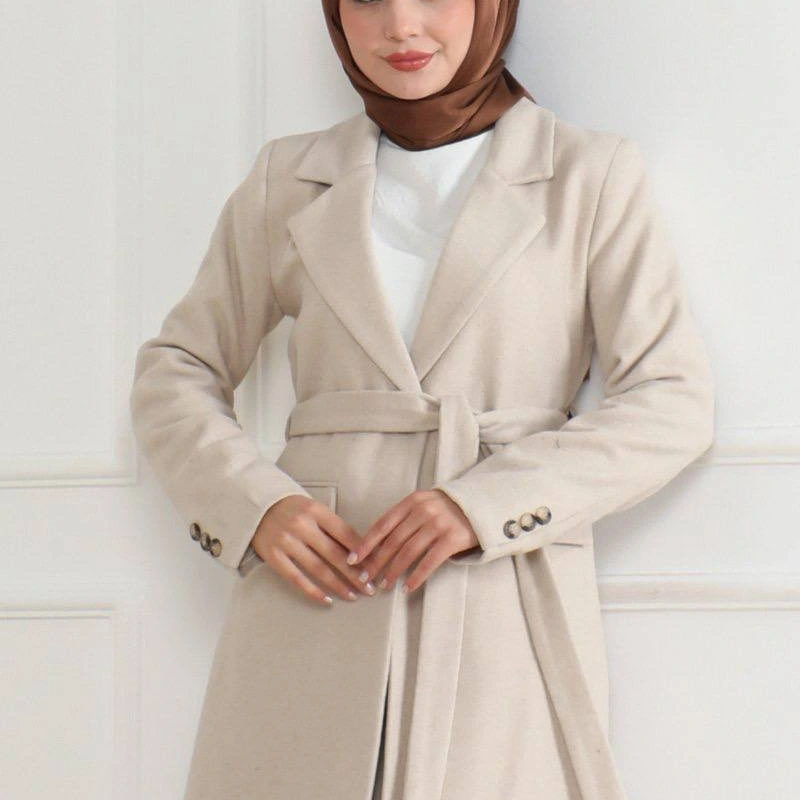 Kadın Kaşe Kaban Uzun Boy Kruvaze Yaka Kuşaklı Tesettür Kaban Astarlı Yünlü Dokuma - Bej