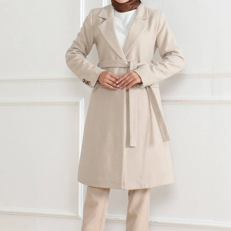 Kadın Kaşe Kaban Uzun Boy Kruvaze Yaka Kuşaklı Tesettür Kaban Astarlı Yünlü Dokuma - Bej