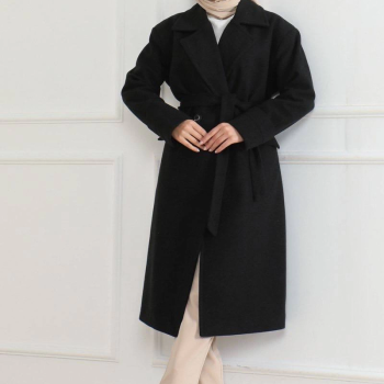 Kadın Kaşe Kaban Uzun Boy Kruvaze Yaka Kuşaklı Tesettür Kaban Astarlı Yünlü Dokuma - Siyah