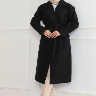 Kadın Kaşe Kaban Uzun Boy Kruvaze Yaka Kuşaklı Tesettür Kaban Astarlı Yünlü Dokuma - Siyah