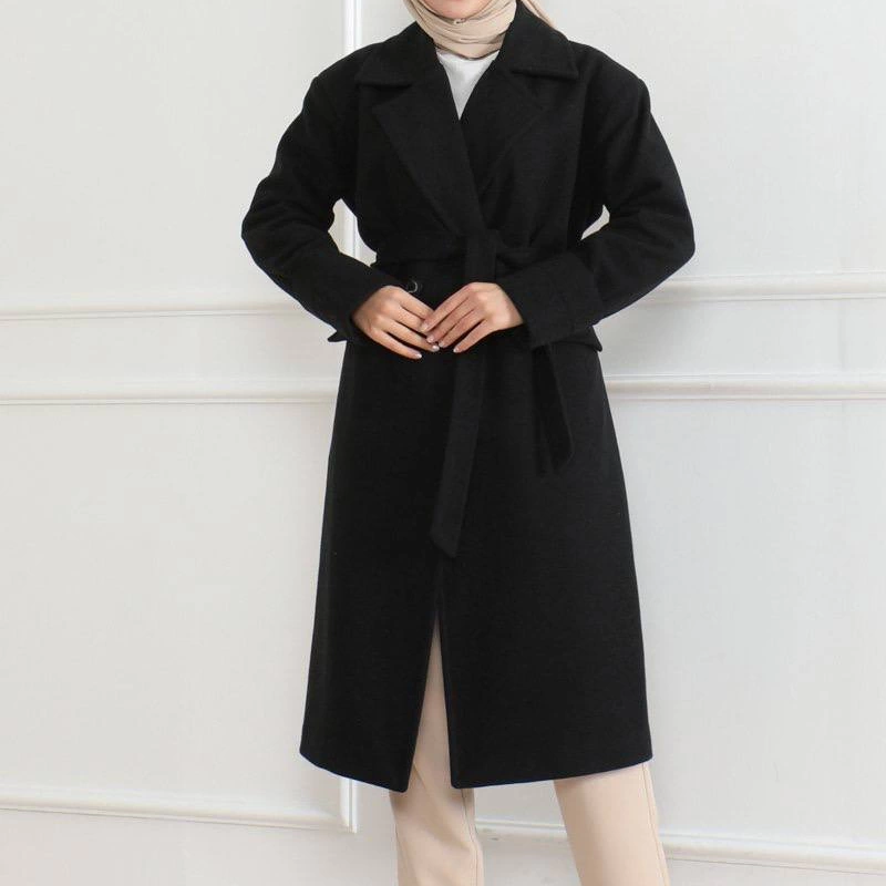 Kadın Kaşe Kaban Uzun Boy Kruvaze Yaka Kuşaklı Tesettür Kaban Astarlı Yünlü Dokuma - Siyah