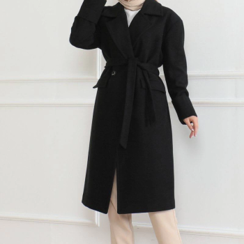 Kadın Kaşe Kaban Uzun Boy Kruvaze Yaka Kuşaklı Tesettür Kaban Astarlı Yünlü Dokuma - Siyah