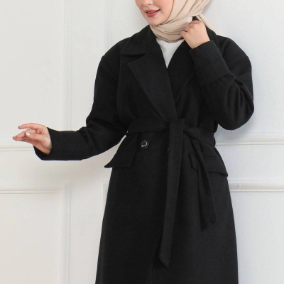 Kadın Kaşe Kaban Uzun Boy Kruvaze Yaka Kuşaklı Tesettür Kaban Astarlı Yünlü Dokuma - Siyah