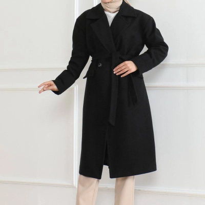 Kadın Kaşe Kaban Uzun Boy Kruvaze Yaka Kuşaklı Tesettür Kaban Astarlı Yünlü Dokuma - Siyah