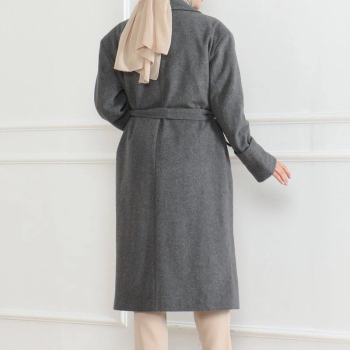 Kadın Kaşe Kaban Uzun Boy Kruvaze Yaka Kuşaklı Tesettür Kaşe Kaban Astarlı Yünlü - Gri