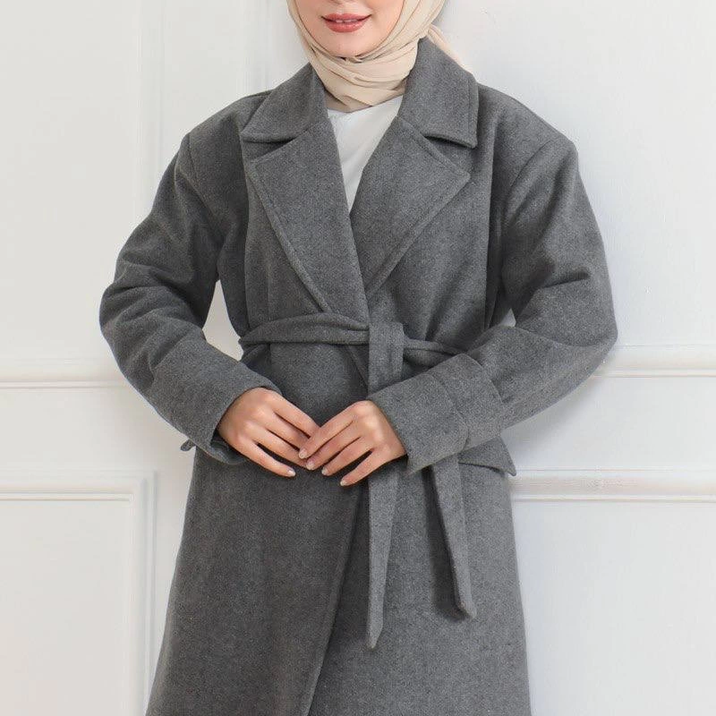 Kadın Kaşe Kaban Uzun Boy Kruvaze Yaka Kuşaklı Tesettür Kaşe Kaban Astarlı Yünlü - Gri