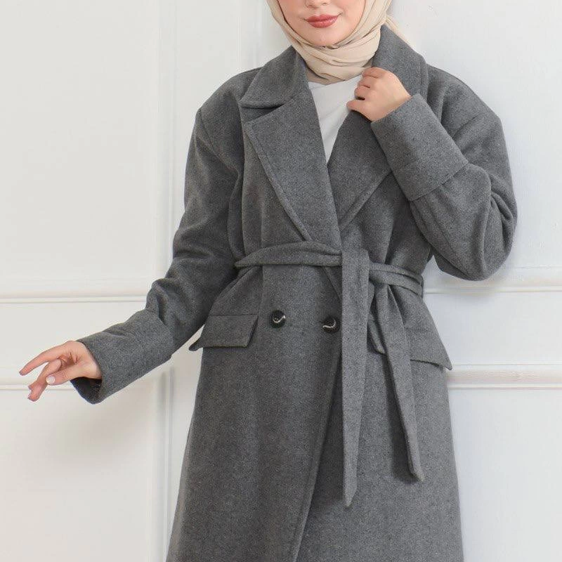 Kadın Kaşe Kaban Uzun Boy Kruvaze Yaka Kuşaklı Tesettür Kaşe Kaban Astarlı Yünlü - Gri