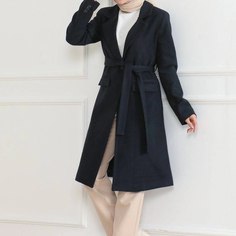 Kadın Kaşe Kaban Uzun Boy Kruvaze Yaka Kuşaklı Tesettür Kaban Astarlı Yünlü - Lacivert