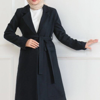Kadın Kaşe Kaban Uzun Boy Kruvaze Yaka Kuşaklı Tesettür Kaban Astarlı Yünlü - Lacivert