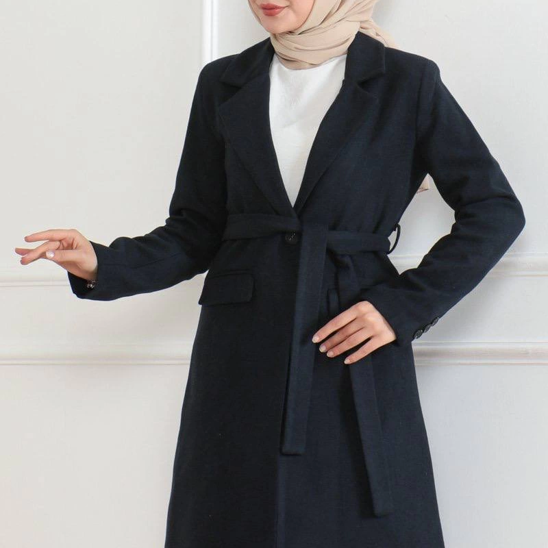 Kadın Kaşe Kaban Uzun Boy Kruvaze Yaka Kuşaklı Tesettür Kaban Astarlı Yünlü - Lacivert