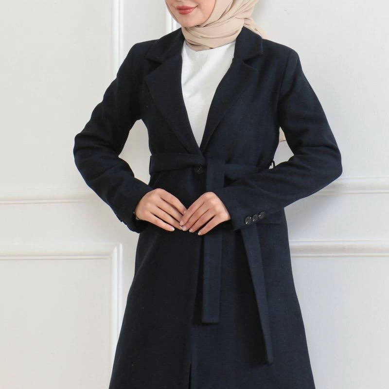 Kadın Kaşe Kaban Uzun Boy Kruvaze Yaka Kuşaklı Tesettür Kaban Astarlı Yünlü - Lacivert