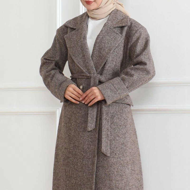 Kadın Kaşe Kaban Uzun Boy Kruvaze Yaka Kuşaklı Tesettür Kaşe Kaban Astarlı Yünlü - Vizon