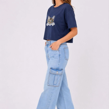 Kadın Kedi Baskılı Oversize Crop Tişört Salaş Basic Yarım Kol T-shirt - Lacivert Kadın Kedi Baskılı Oversize Crop Tişört Salaş Basic Yarım Kol T-shirt - Lacivert