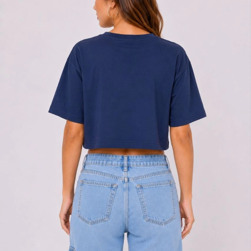 Kadın Kedi Baskılı Oversize Crop Tişört Salaş Basic Yarım Kol T-shirt - Lacivert