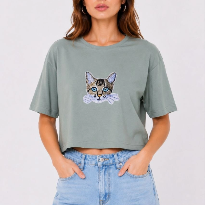 Kadın Kedi Baskılı Oversize Crop Tişört Salaş Basic Yarım Kol T-shirt - Mint Yeşili