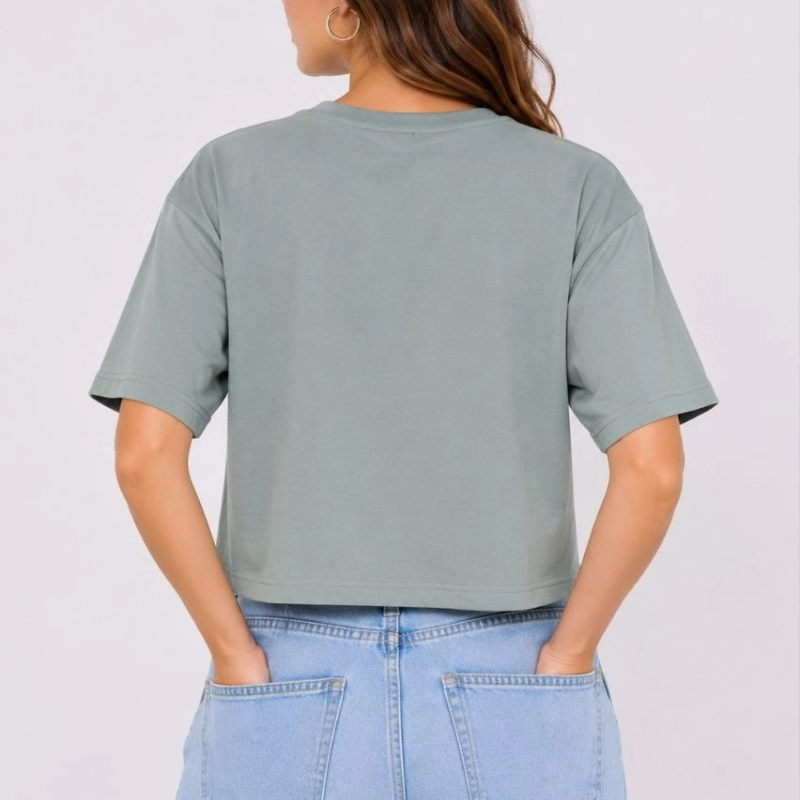 Kadın Kedi Baskılı Oversize Crop Tişört Salaş Basic Yarım Kol T-shirt - Mint Yeşili
