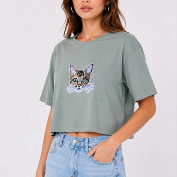 Kadın Kedi Baskılı Oversize Crop Tişört Salaş Basic Yarım Kol T-shirt - Mint Yeşili