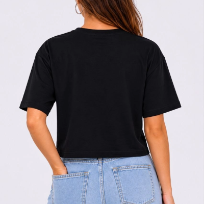 Kadın Kedi Baskılı Oversize Crop Tişört Salaş Basic Yarım Kol T-shirt - Siyah