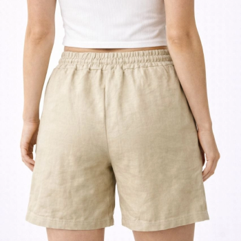 Kadın Keten Kumaş Cepli Rahat Kesim Bel Lastikli Şort - Bej