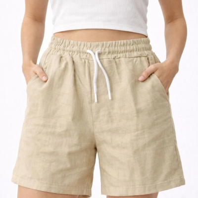Kadın Keten Kumaş Cepli Rahat Kesim Bel Lastikli Şort - Bej