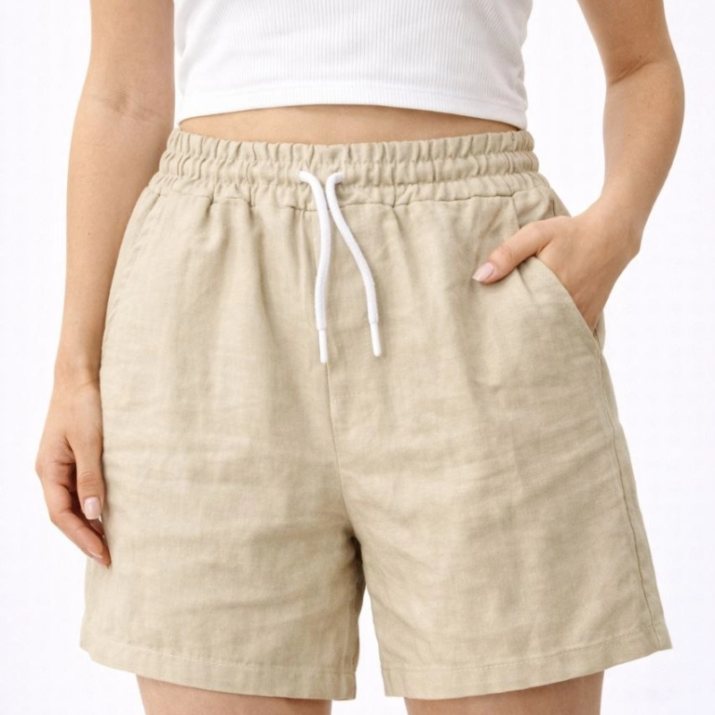 Kadın Keten Kumaş Cepli Rahat Kesim Bel Lastikli Şort - Bej