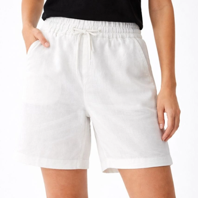 Kadın Keten Kumaş Cepli Rahat Kesim Bel Lastikli Şort - Beyaz
