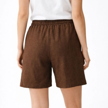 Kadın Keten Kumaş Cepli Rahat Kesim Bel Lastikli Şort - Kahverengi