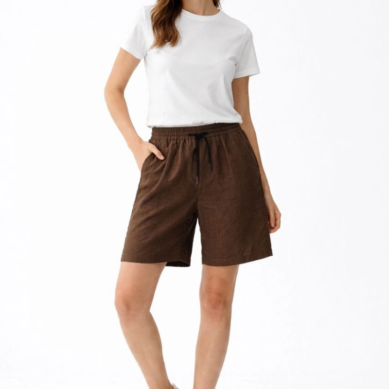 Kadın Keten Kumaş Cepli Rahat Kesim Bel Lastikli Şort - Kahverengi