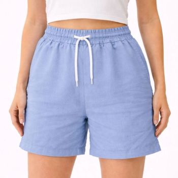 Kadın Keten Kumaş Cepli Rahat Kesim Bel Lastikli Şort - Mavi