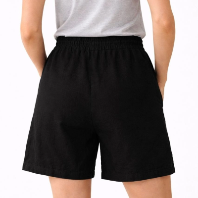 Kadın Keten Kumaş Cepli Rahat Kesim Bel Lastikli Şort - Siyah